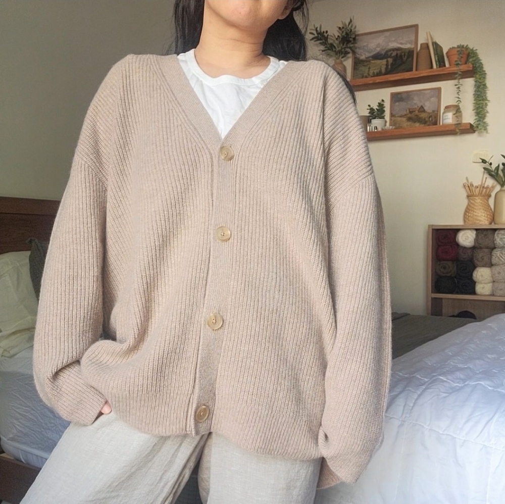 NWT Quince 100% Cashmere Oversized Cocoon Boyfriend Cardigan, Oatmeal Beige L